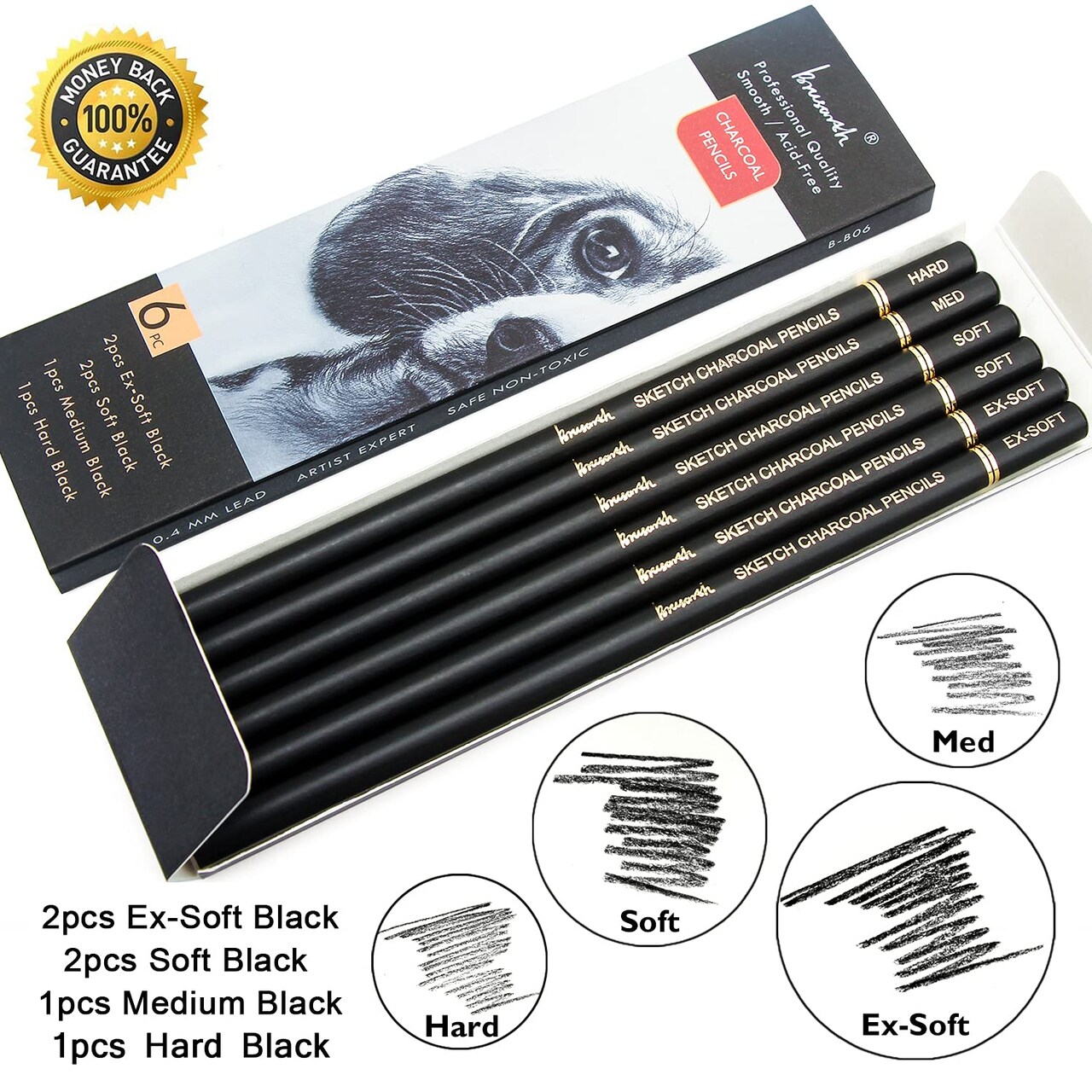 6 Pieces Professional Charcoal Pencils Drawing Set - Soft Medium and Hard Charcoal Pencils for Drawing, Sketching, Shading
